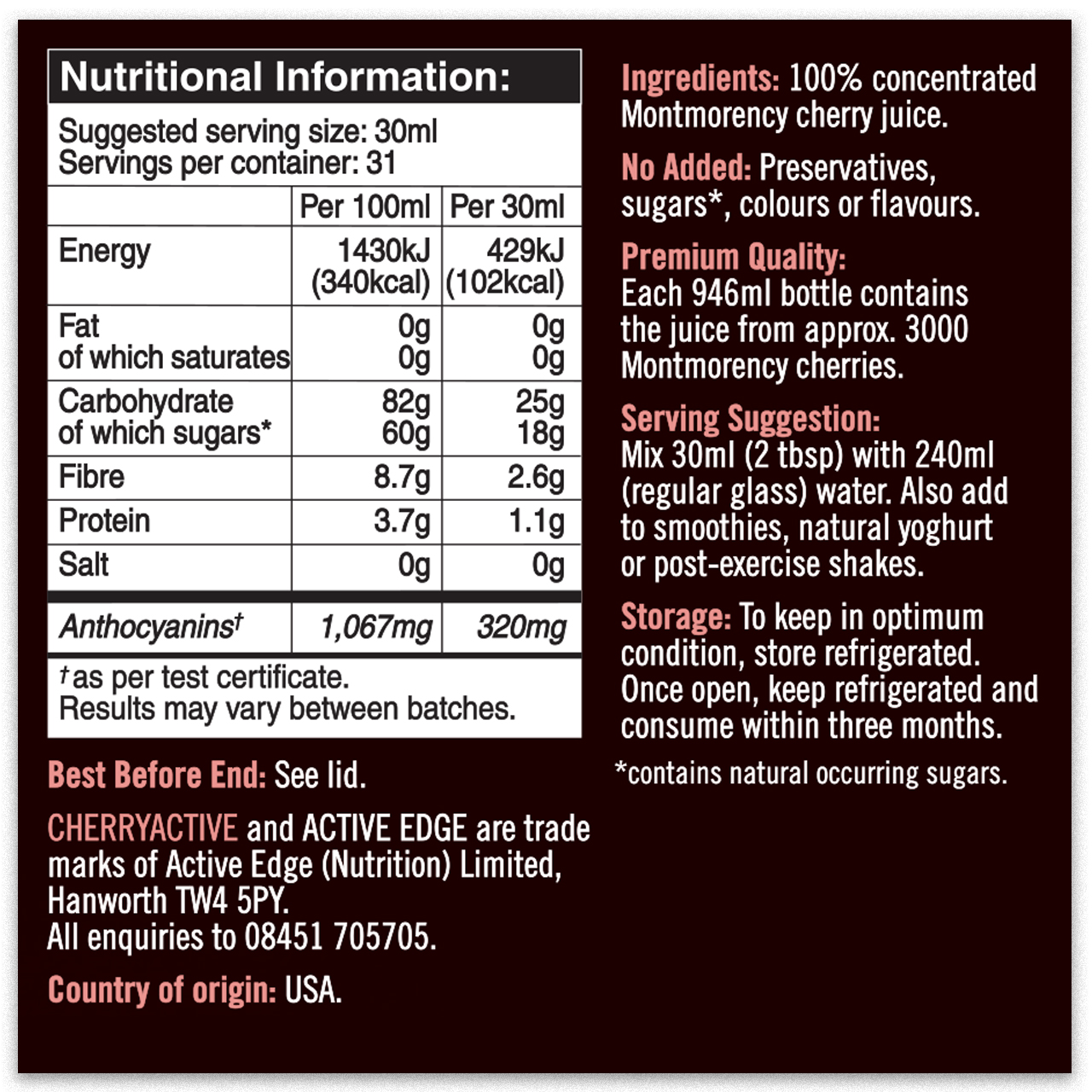 CherryActive 100% Concentrated Montmorency Cherry Juice 946ml